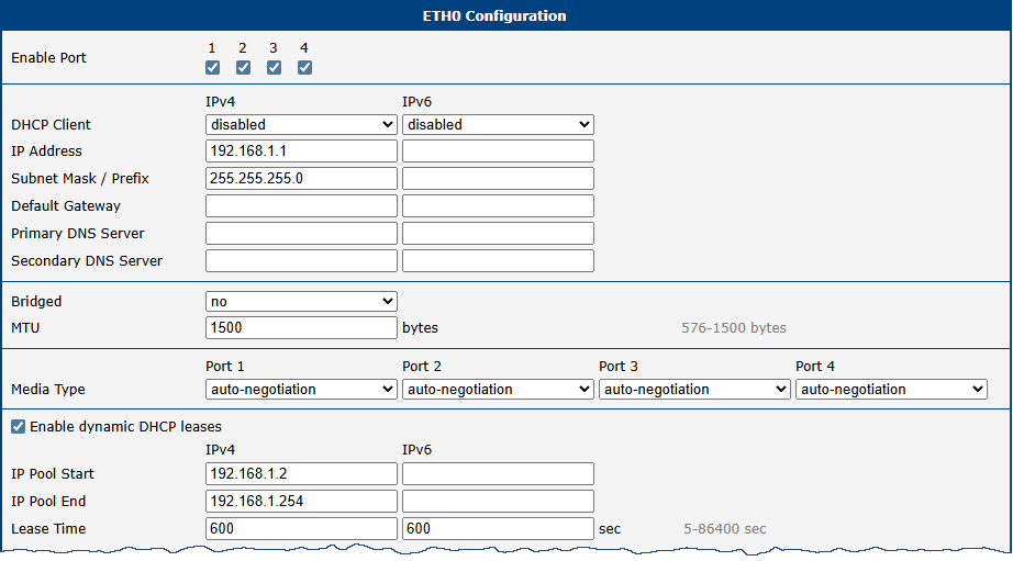Access to the Internet from LAN: Ethernet configuration