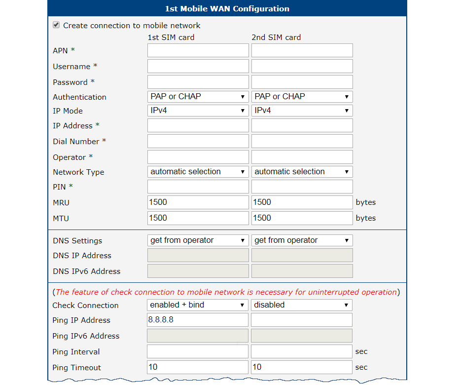 Backup access to the Internet: mobile WAN configuration