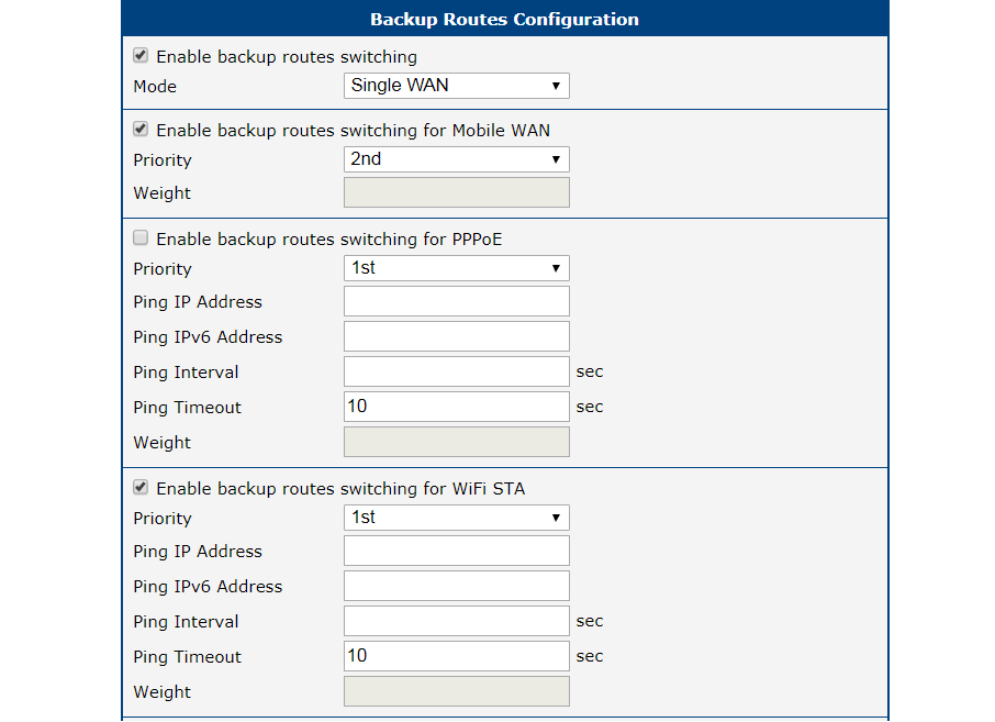 Backup access to the Internet: backup routes configuration
