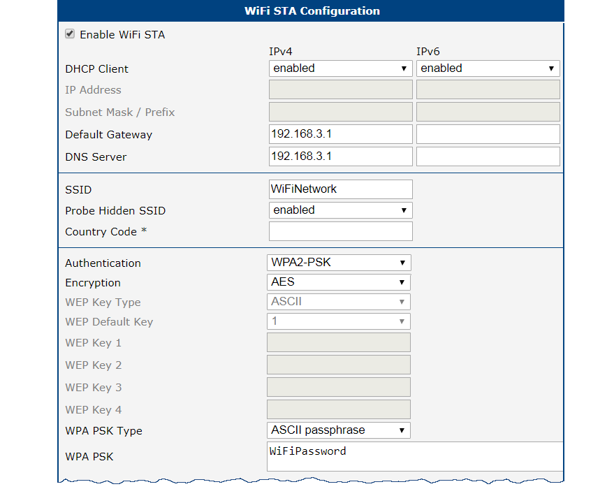 Backup access to the Internet: Wi-Fi configuration