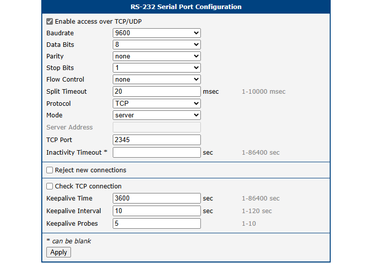 Serial gateway: Peripheral Port configuration