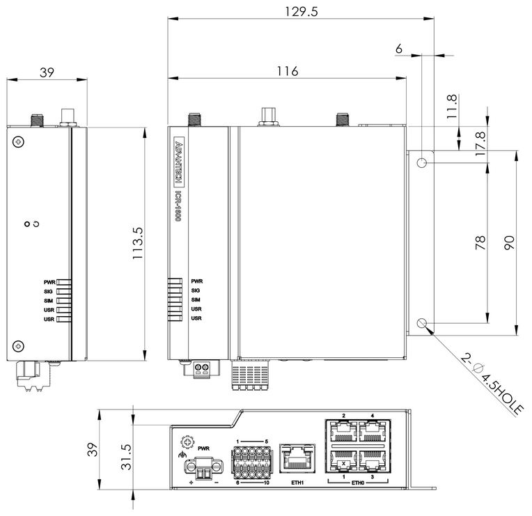 Front, top and side view with wall-mounting holder