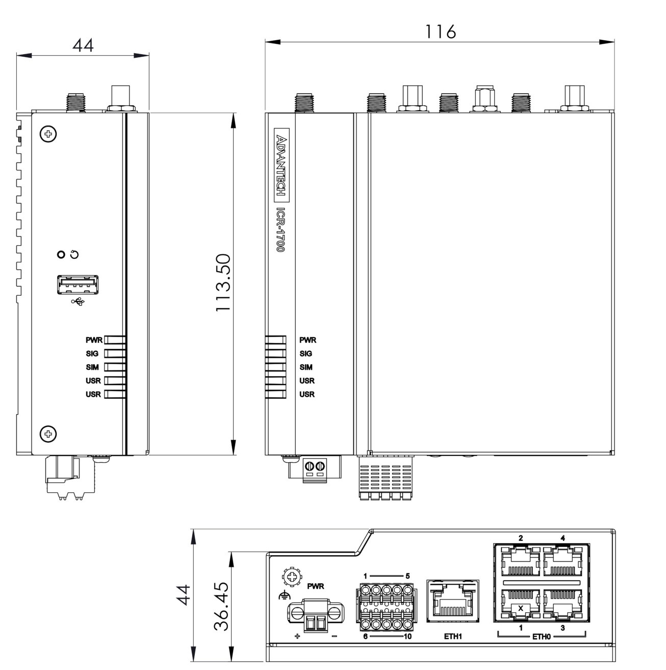 Front, top and side view for basic set