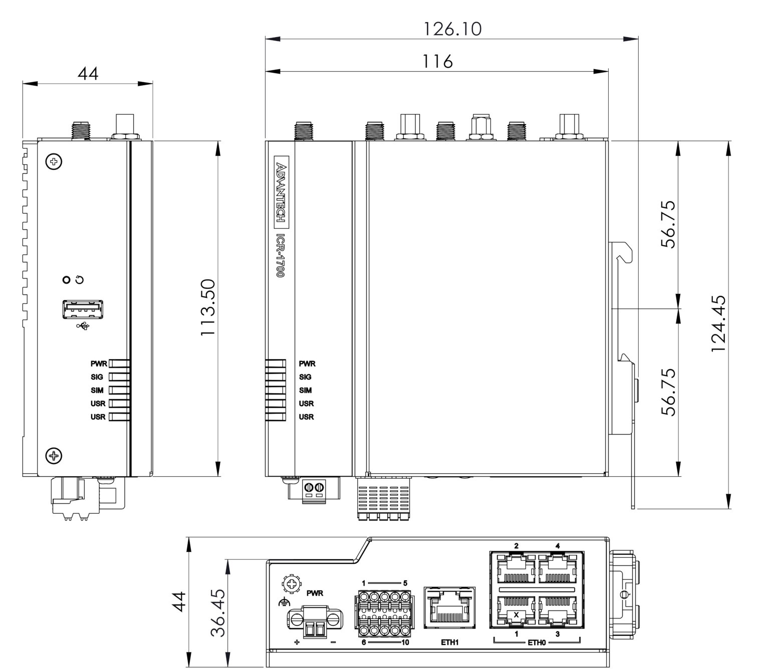 Front, top and side view with DIN holder