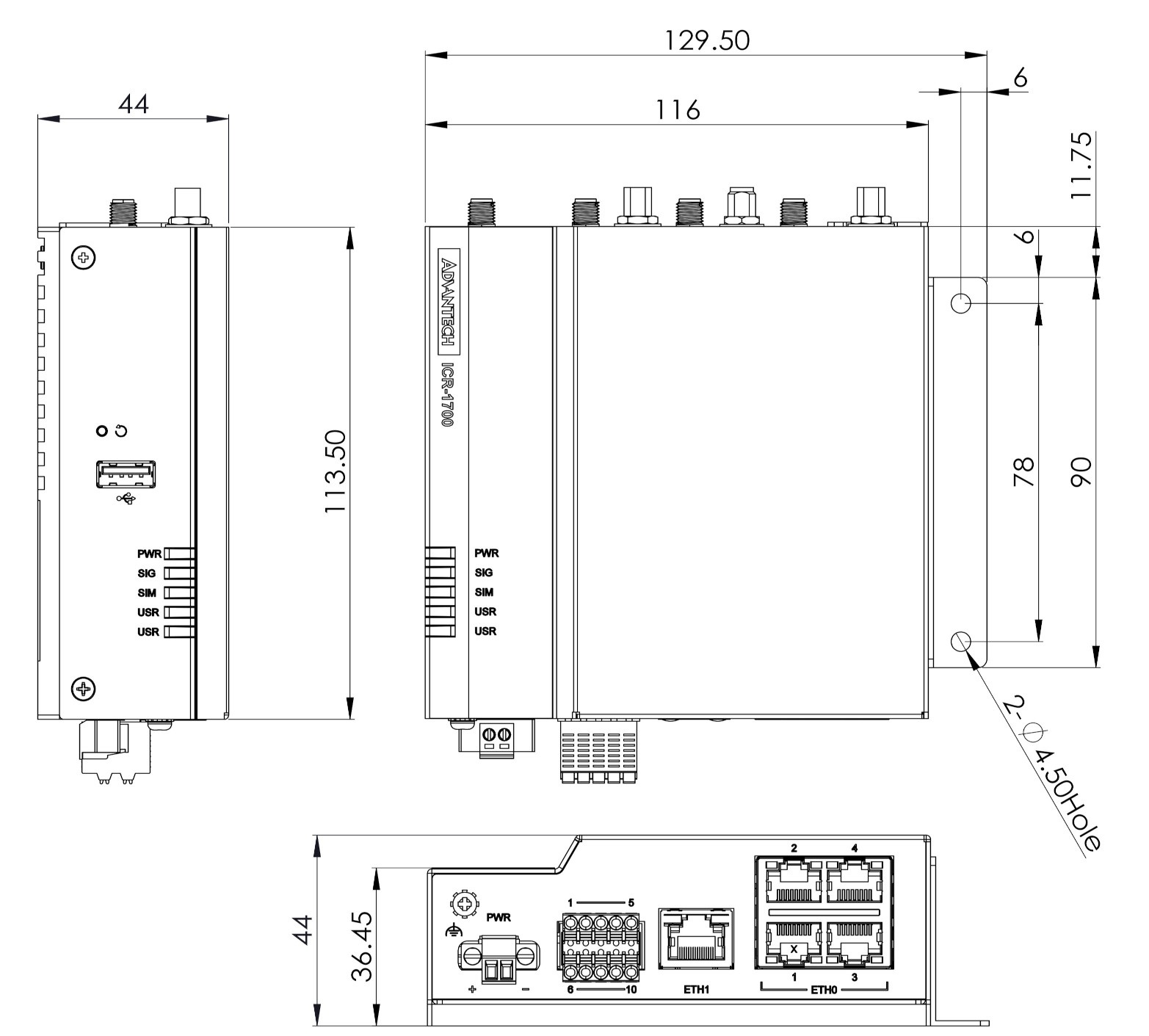 Front, top and side view with wall-mounting holder