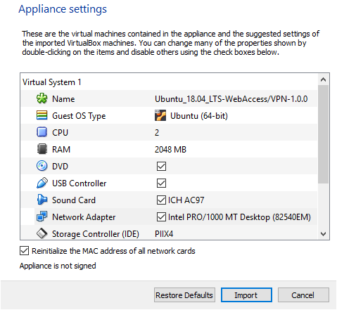 Review appliance settings