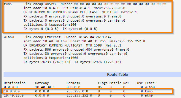 Tunnel network interface and Route Table